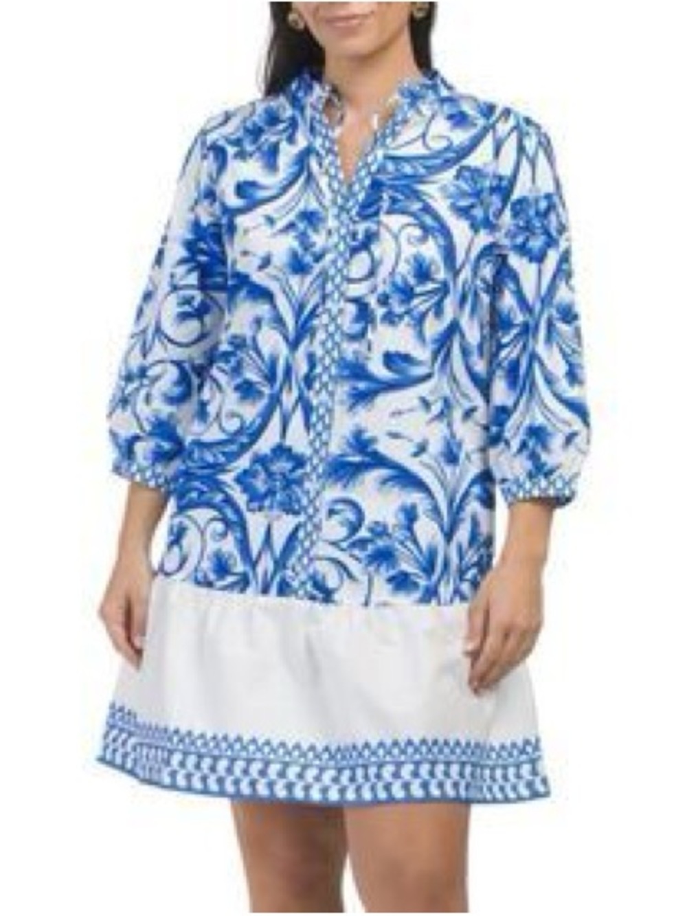 Blue & White Linen Mini Dress with Border Hem